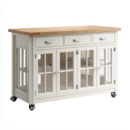 Isola da cucina - legno-vetro - 130x63x95cm - bianco-naturale - design contemporaneo-Cottagonest