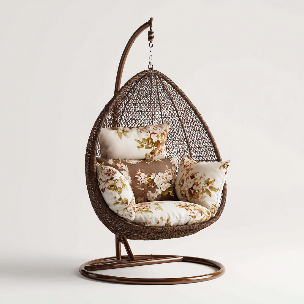 Poltrona sospesa da giardino-rattan-metallo-tessuto-110x98x186cm-marrone-design classico-Cottagonest