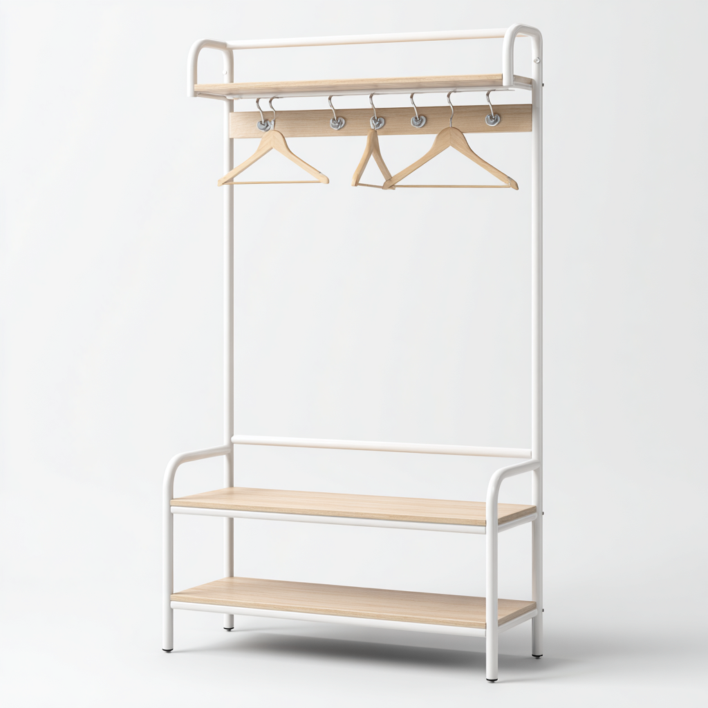 Attaccapanni-metallo-legno-82x34x176cm-bianco-naturale-design moderno-Cottagonest