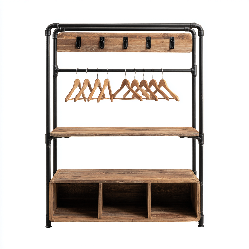 Attaccapanni-metallo-legno-91x38x185cm-nero-naturale-design industriale-Cottagonest