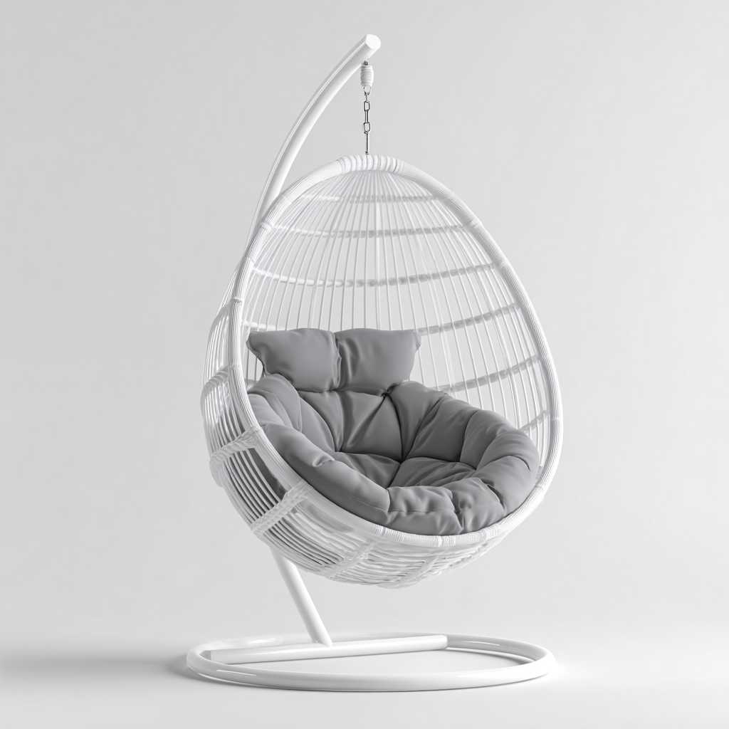 Poltrona sospesa da giardino-metallo+rattan sintetico-tessuto-110x95x185cm-bianco-grigio-design moderno-Cottagonest