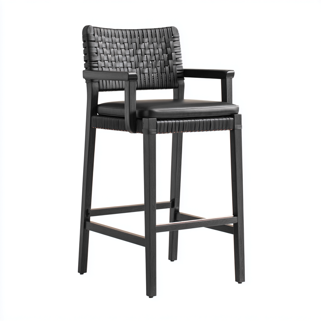 Sgabello da bar-legno-pelle-intreccio-48x45x108cm-nero-design moderno-Cottagonest