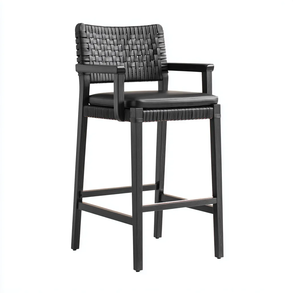 Sgabello da bar-legno-pelle-intreccio-48x45x108cm-nero-design moderno-Cottagonest