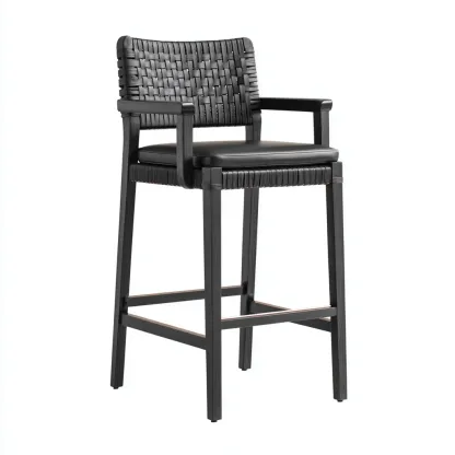 Sgabello da bar-legno-pelle-intreccio-48x45x108cm-nero-design moderno-Cottagonest