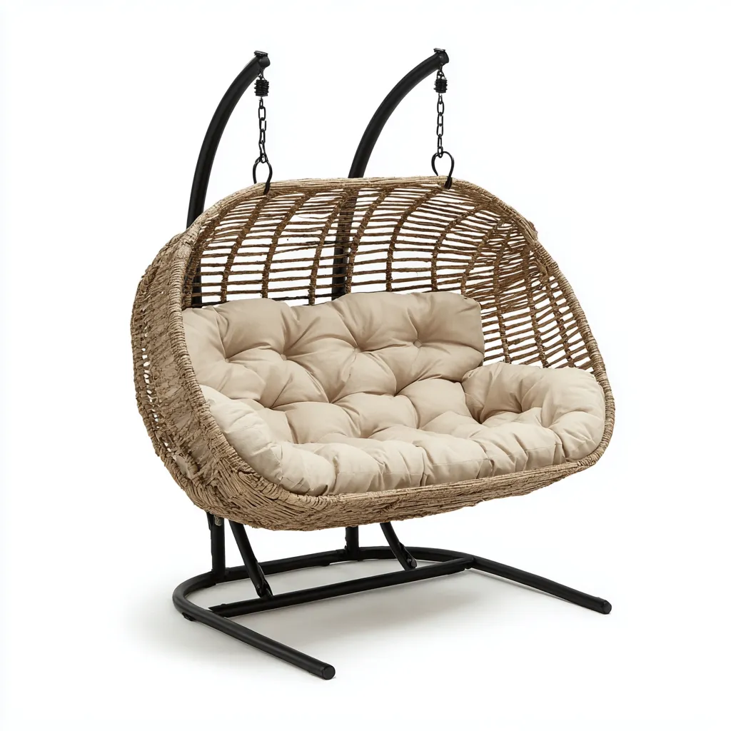 Poltrona sospesa da giardino-rattan-metallo-tessuto-160x120x198cm-naturale-beige-design moderno-Cottagonest