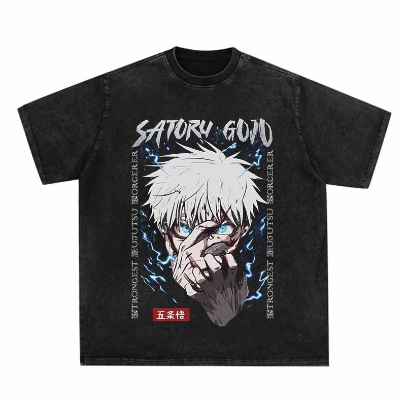 Retro Unisex Casual Anime Print Washed T-shirt-AnimeClothe