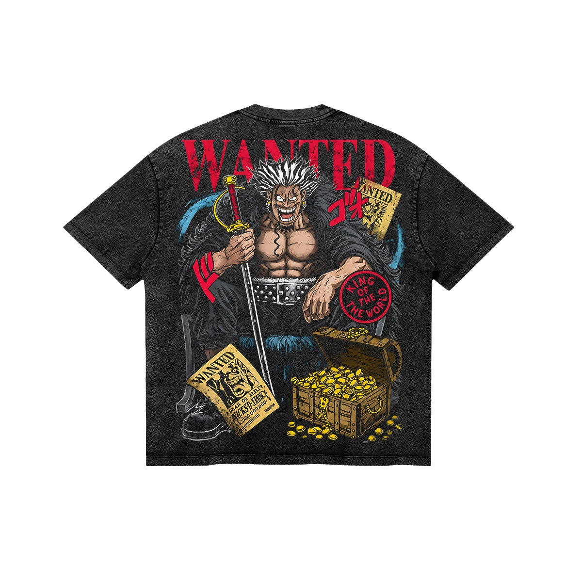 One Piece Rocks D. Xebec Anime Print T-Shirt  Pure Cotton Washed Short-Sleeve Top Cartoon Graphic Style