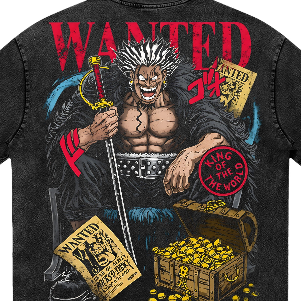 One Piece Rocks D. Xebec Anime Print T-Shirt  Pure Cotton Washed Short-Sleeve Top Cartoon Graphic Style