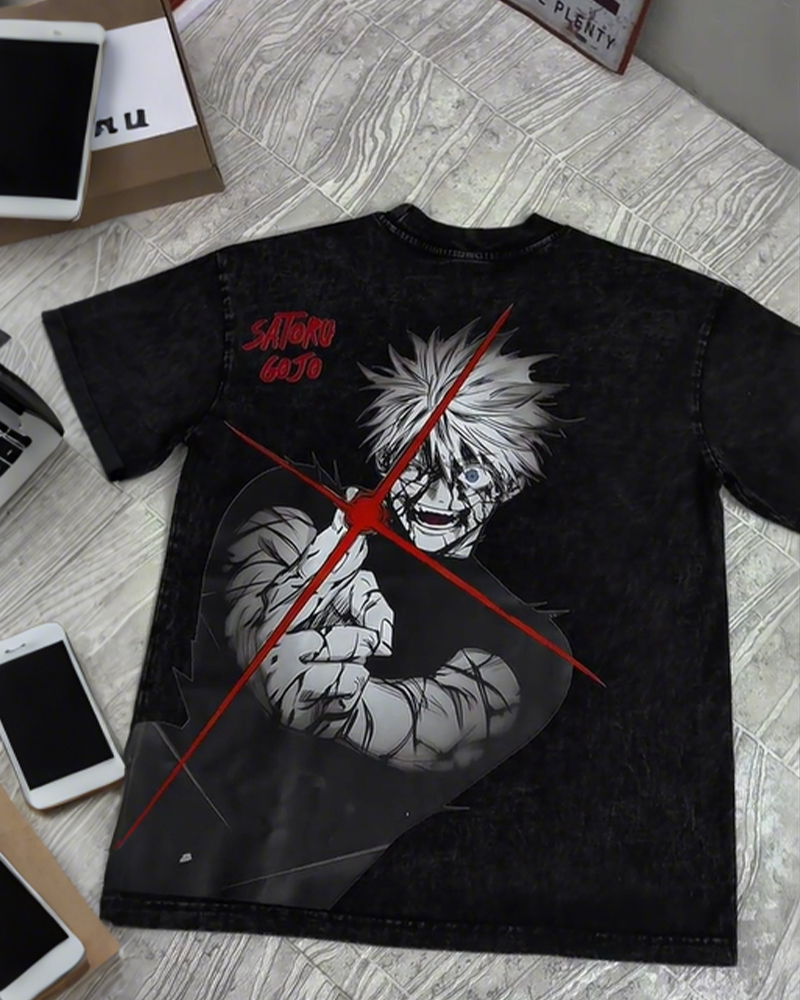 Retro Unisex Casual Anime Print Washed T-shirt-AnimeClothe