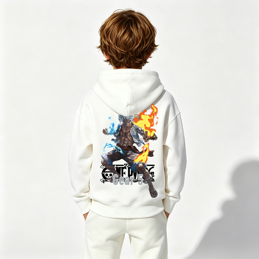 One Piece Anime Graphic Hoodie for Gear 5 Luffy Kids Cartoon Print Cotton Tee