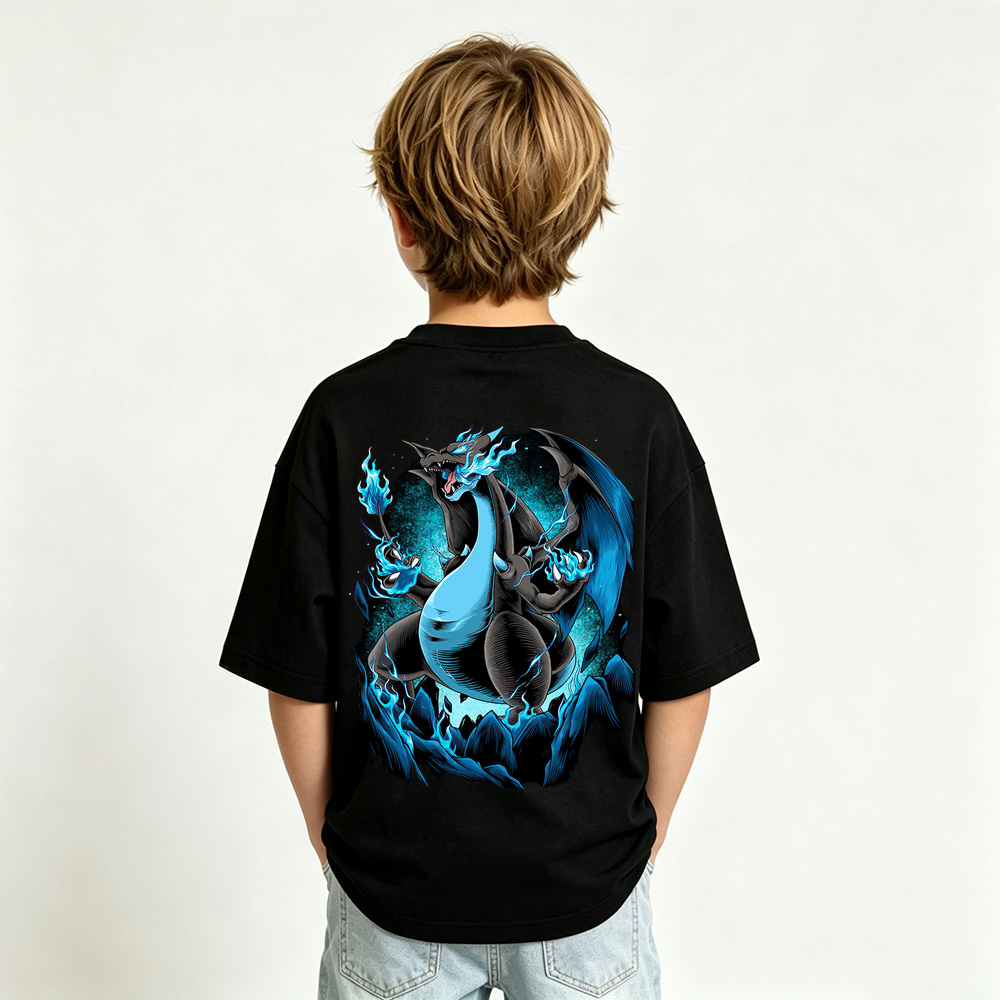 Pokémon Anime Graphic T-Shirt for Mega Charizard X Kids Cartoon Print Cotton Tee