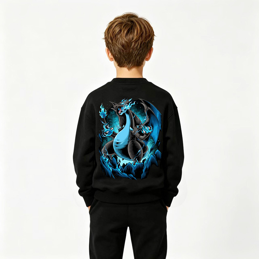 Pokémon Anime Graphic Crewneck Sweatshirt for Mega Charizard X Kids Cartoon Print Cotton Tee