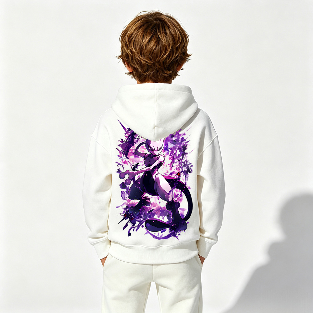 Pokémon Anime Graphic Hoodie for Mewtwo Kids Cartoon Print Cotton Tee