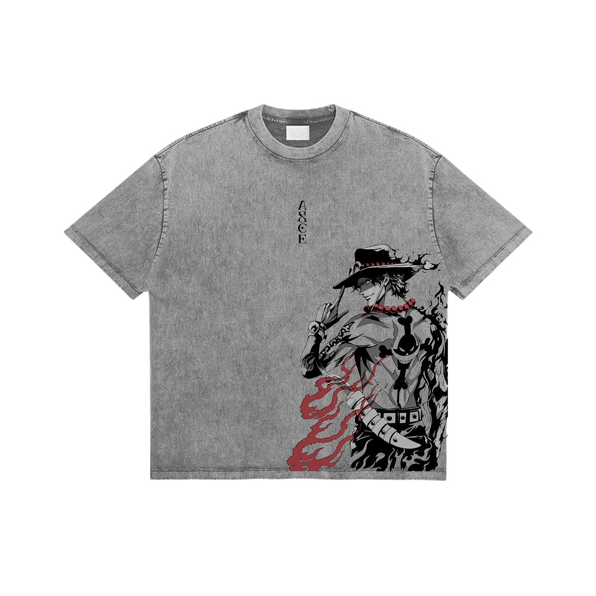 One Piece Ace Anime Print T-Shirt  Pure Cotton Washed Short-Sleeve Top Cartoon Graphic Style