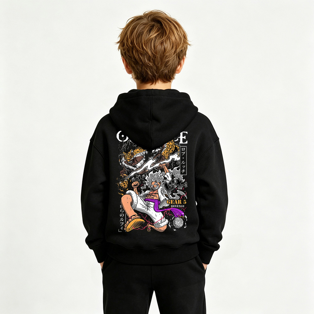 One Piece Anime Graphic Hoodie for Gear 5 Luffy Kids Cartoon Print Cotton Tee