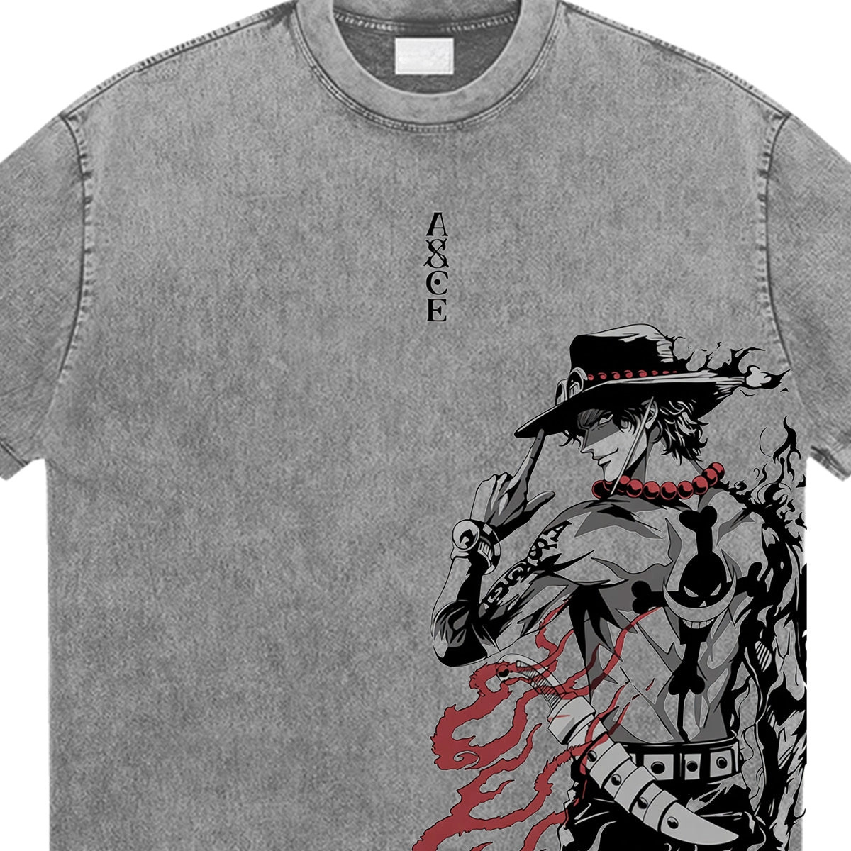 One Piece Ace Anime Print T-Shirt  Pure Cotton Washed Short-Sleeve Top Cartoon Graphic Style