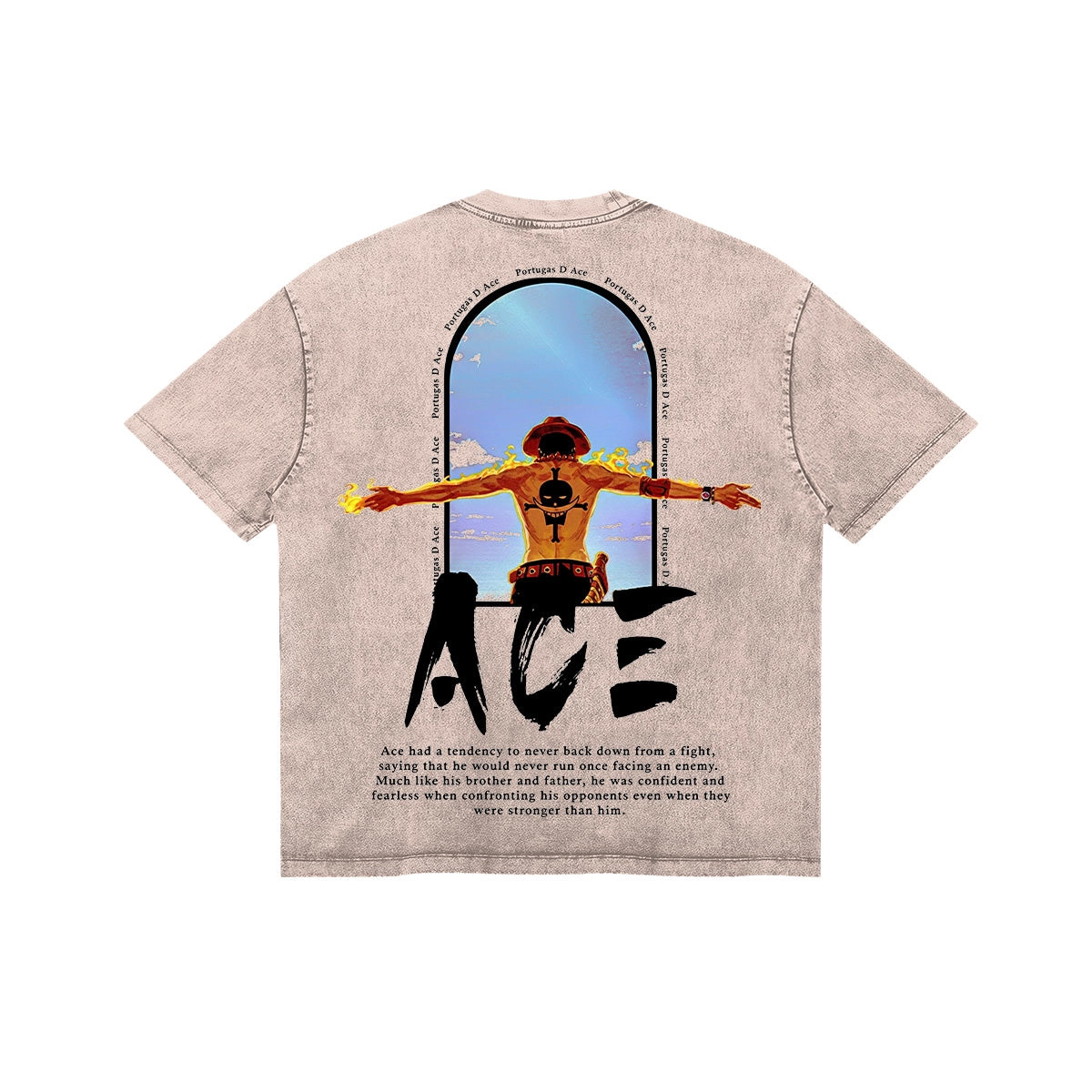 One Piece Ace Anime Print T-Shirt  Pure Cotton Washed Short-Sleeve Top Cartoon Graphic Style
