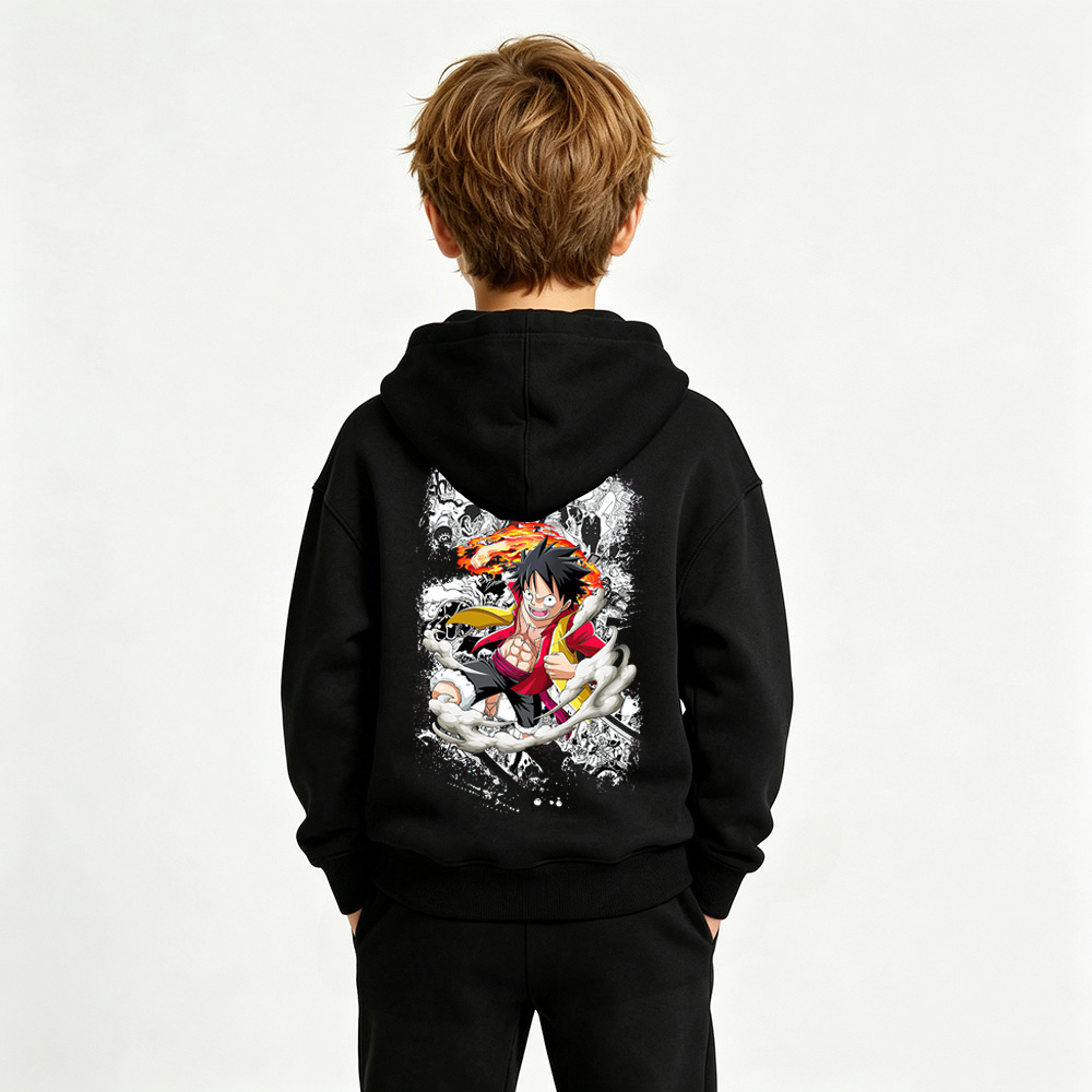 One Piece Anime Graphic Hoodie for Gear 5 Luffy Kids Cartoon Print Cotton Tee