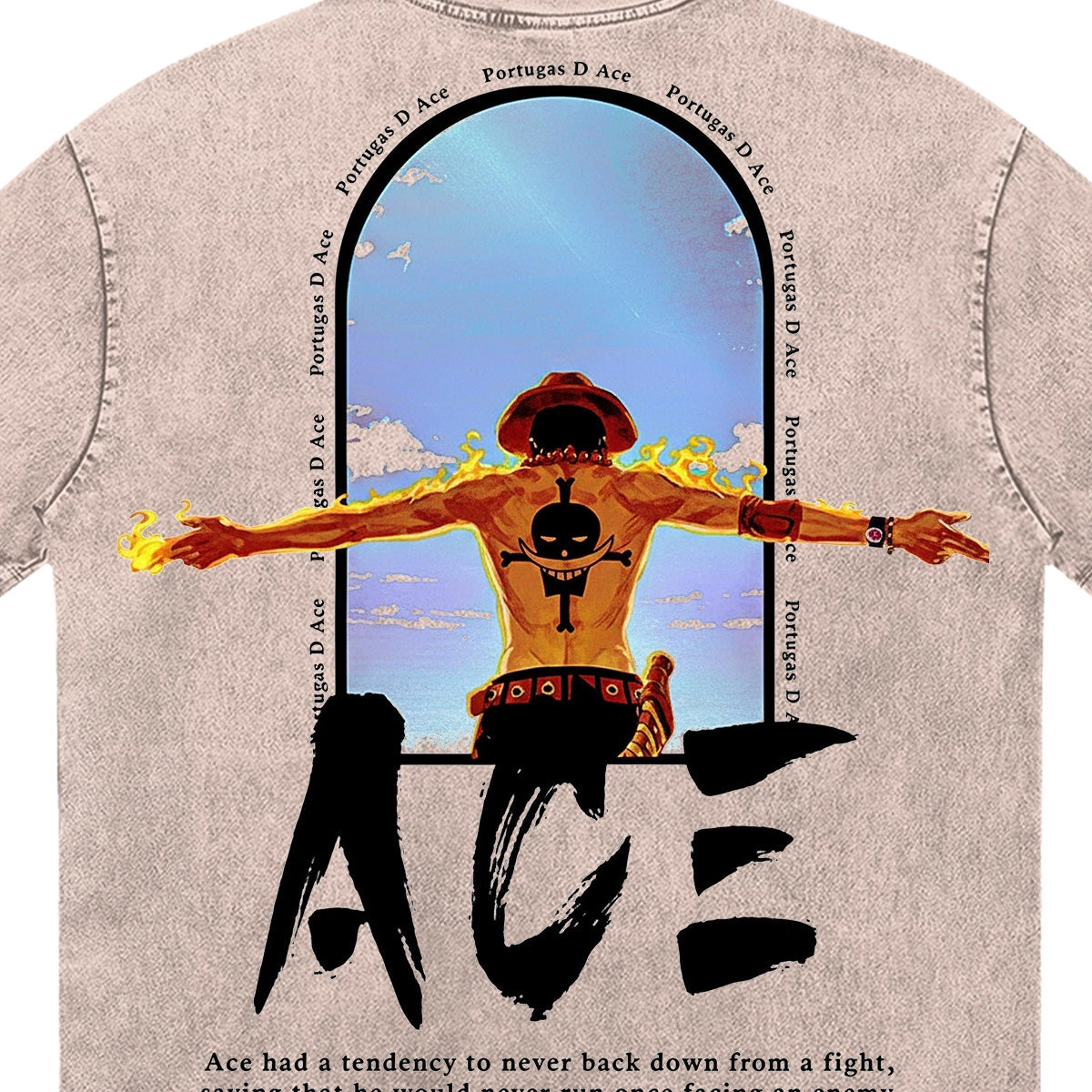 One Piece Ace Anime Print T-Shirt  Pure Cotton Washed Short-Sleeve Top Cartoon Graphic Style