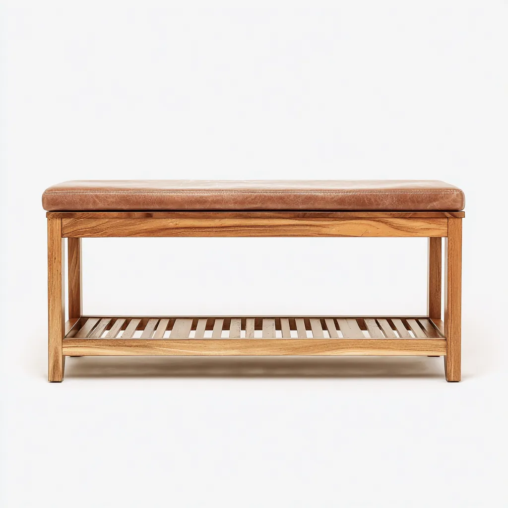 Panca Per Letto Pelle E Legno Massello 100X40 Cm Marrone Struttura Con Ripiano Design Moderno Uso In Camera Da Letto-Oakuploft