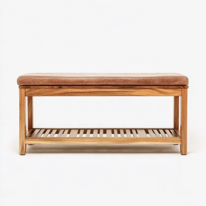 Panca Per Letto Pelle E Legno Massello 100X40 Cm Marrone Struttura Con Ripiano Design Moderno Uso In Camera Da Letto-Oakuploft