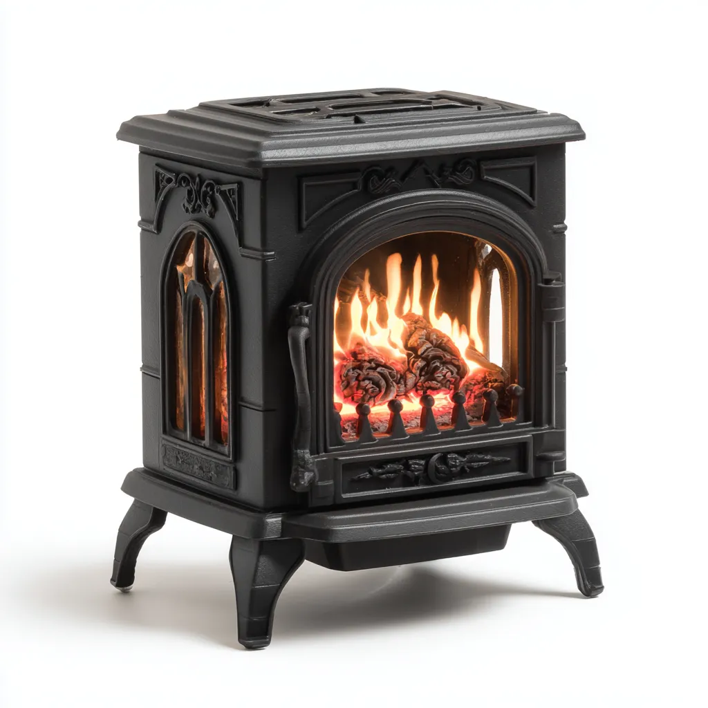 Camino A Legna In Ghisa 42x32x58 Cm - Nero - Adatto Per Soggiorno - Stile Classico-Oakuploft