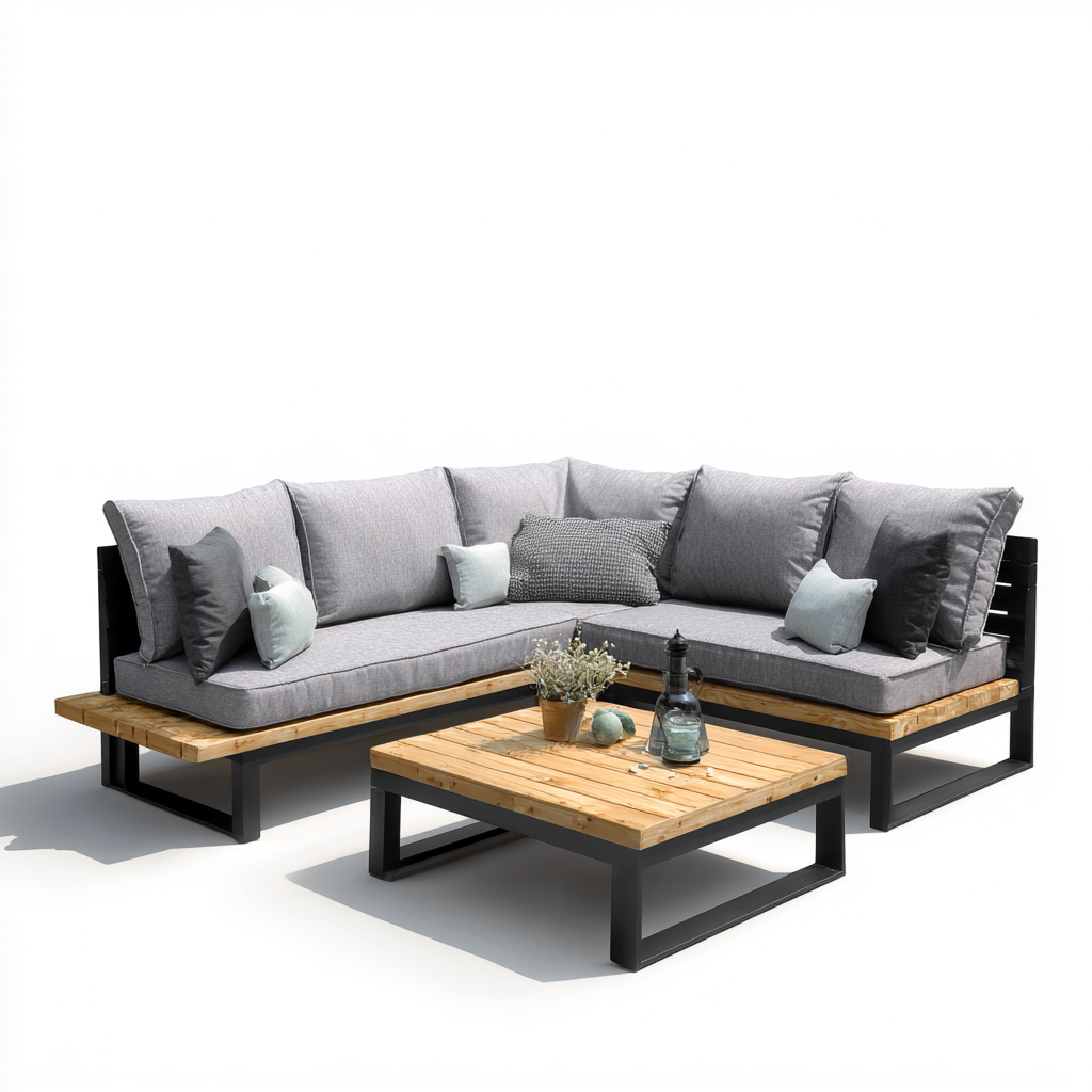 Divani Da Esterno Set Angolare Con Tavolino Struttura In Metallo E Legno E Tessuto 265x200x84 Cm - Grigio Chiaro - Adatto Per Giardino - Design Moderno-Oakuploft