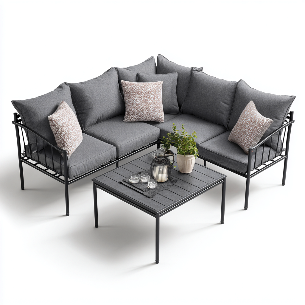 Divano Da Esterno In Metallo E Tessuto 210x160x78 Cm - Grigio Scuro - Adatto Per Giardino - Design Moderno-Oakuploft