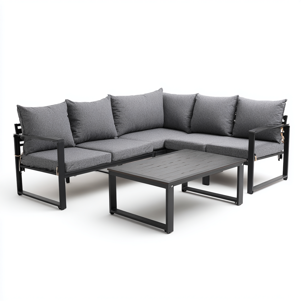 Divano Da Esterno In Metallo E Tessuto 225x160x78 Cm - Grigio Scuro - Adatto Per Giardino - Design Moderno-Oakuploft