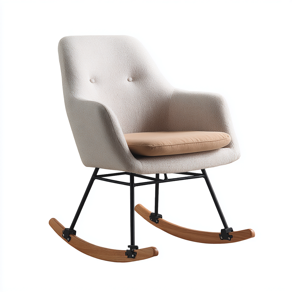 Sedia A Dondolo Tessuto E Metallo 63x75x88 Cm - Beige-Nero-Legno Naturale - Stile Moderno - Adatta Al Soggiorno-Oakuploft