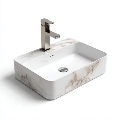 Lavabo In Ceramica Con Effetto Marmo 48X36X12 Cm - Bianco-Marmo Beige - Design Moderno-Oakuploft