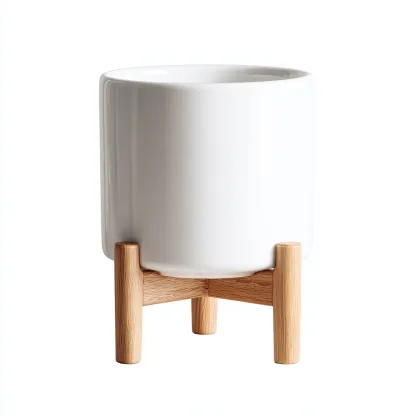 Vasi E Supporti Per Piante Vaso In Ceramica Con Supporto In Legno 18X18X28 Cm - Bianco-Legno Naturale - Design Moderno-Oakuploft