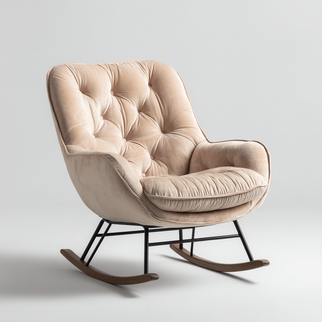 Sedia A Dondolo Velluto E Metallo 70x80x90 Cm - Beige-Nero-Legno Naturale - Stile Moderno - Adatta Al Soggiorno-Oakuploft