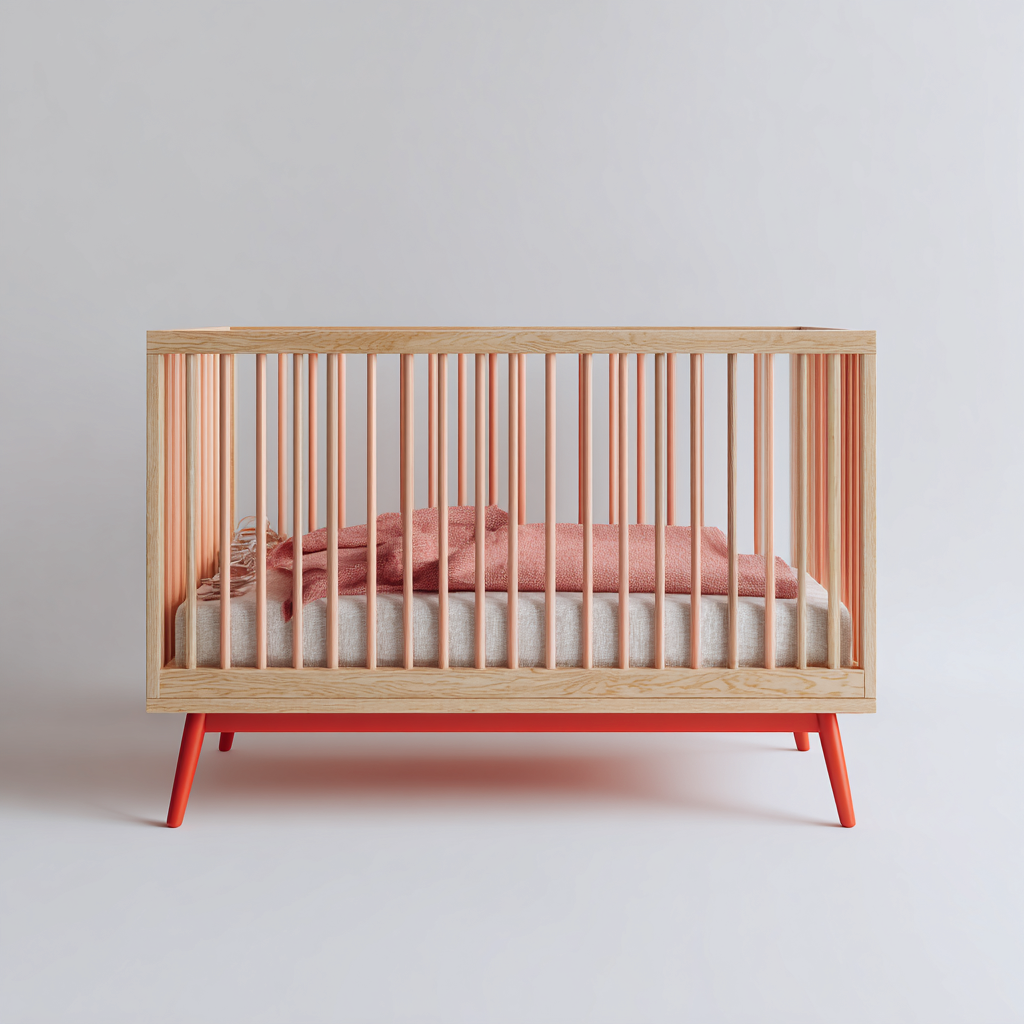 Lettino Per Bambini In Legno Naturale 120x60x85 Cm - Legno Chiaro-Rosso Corallo - Design Moderno Per Cameretta-Oakuploft