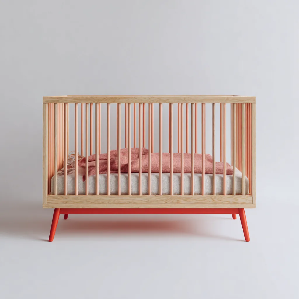 Lettino Per Bambini In Legno Naturale 120x60x85 Cm - Legno Chiaro-Rosso Corallo - Design Moderno Per Cameretta-Oakuploft