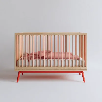 Lettino Per Bambini In Legno Naturale 120x60x85 Cm - Legno Chiaro-Rosso Corallo - Design Moderno Per Cameretta-Oakuploft