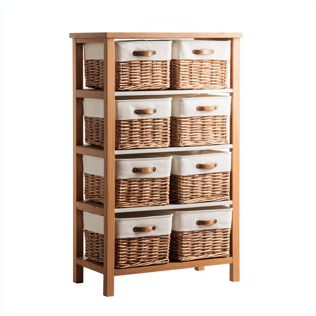 Mobile Bagno In Legno Con Cesti Intrecciati 60x35x120 Cm - Color Legno Naturale-Bianco - Design Funzionale Per Bagno-Oakuploft