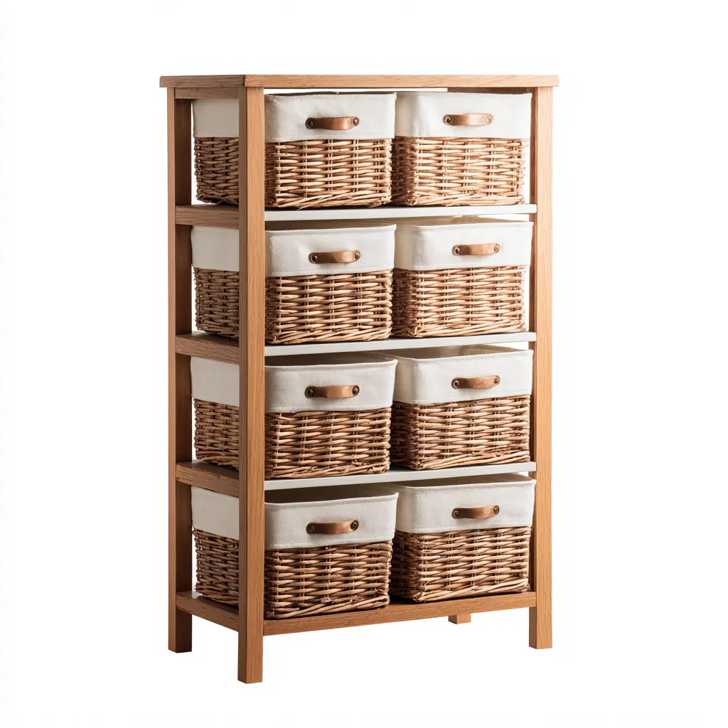 Mobile Bagno In Legno Con Cesti Intrecciati 60x35x120 Cm - Color Legno Naturale-Bianco - Design Funzionale Per Bagno-Oakuploft