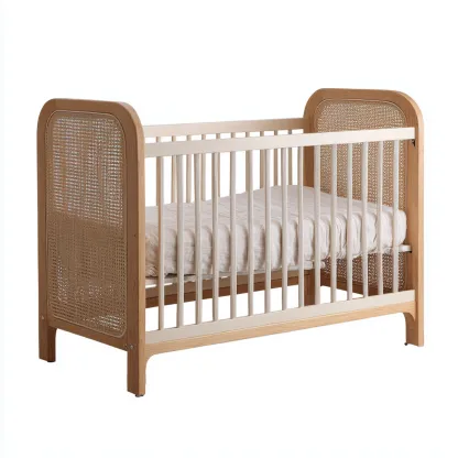 Lettino Per Bambini In Legno Naturale Con Pannelli In Rattan 125x65x90 Cm - Legno Chiaro - Design Boho Per Cameretta-Oakuploft