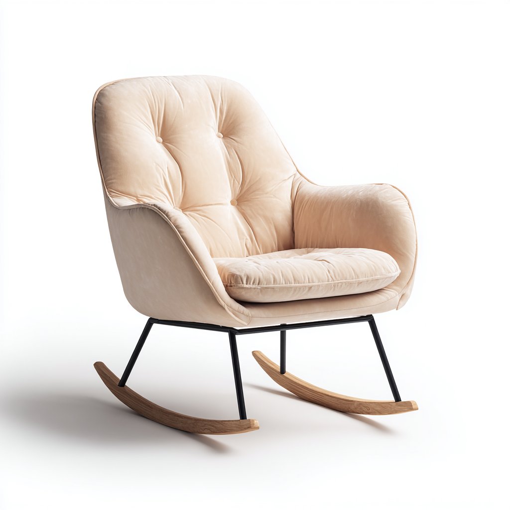 Sedia A Dondolo Velluto E Metallo 67x78x92 Cm - Beige-Nero-Legno Naturale - Stile Moderno - Adatta Al Soggiorno-Oakuploft