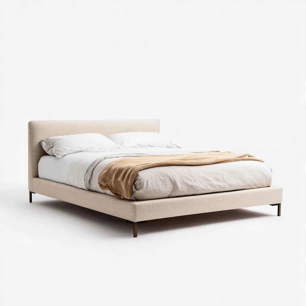 Letto Matrimoniale Tessuto Imbottito 200X160 Cm Beige Chiaro Struttura In Metallo Design Moderno Uso In Camera Da Letto-Oakuploft