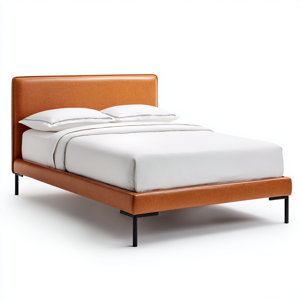 Letto Matrimoniale Pelle Imbottita 200X160 Cm Marrone Chiaro Struttura In Metallo Design Moderno Uso In Camera Da Letto-Oakuploft