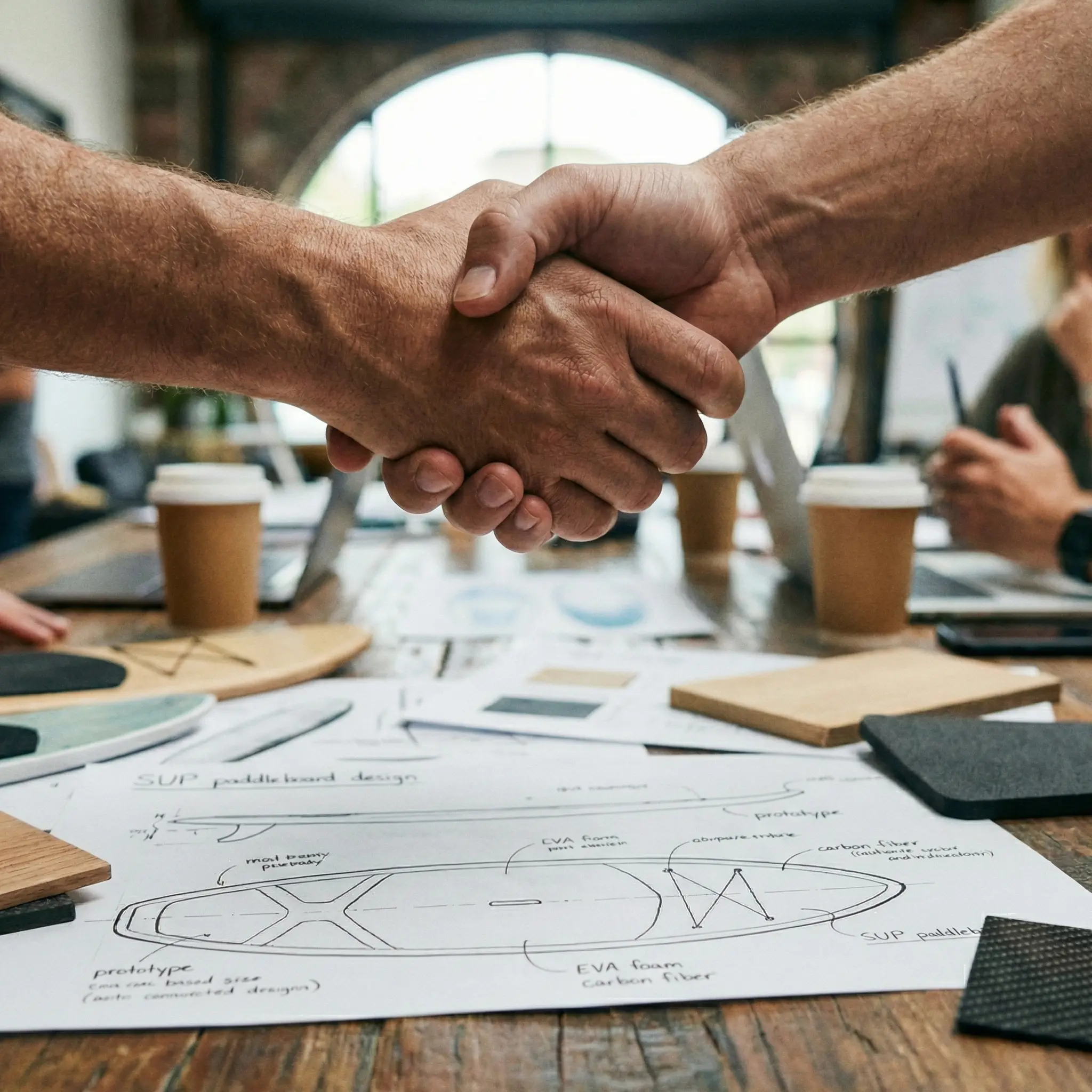 {"default":"B2B partnership handshake over custom SUP board design blueprints"}
