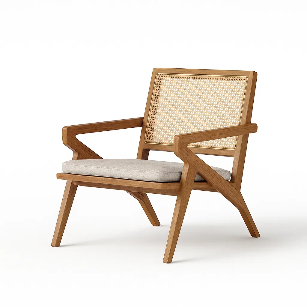 Fauteuils relax en bois massif et rotin avec coussin en lin-LUXEGLOWZZ