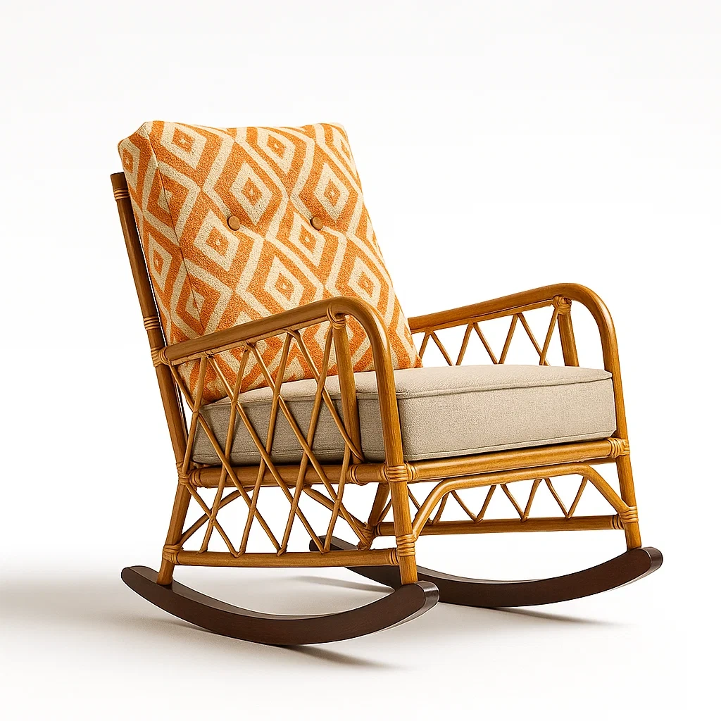 Fauteuils à bascule en rotin avec coussin à motif géométrique-LUXEGLOWZZ