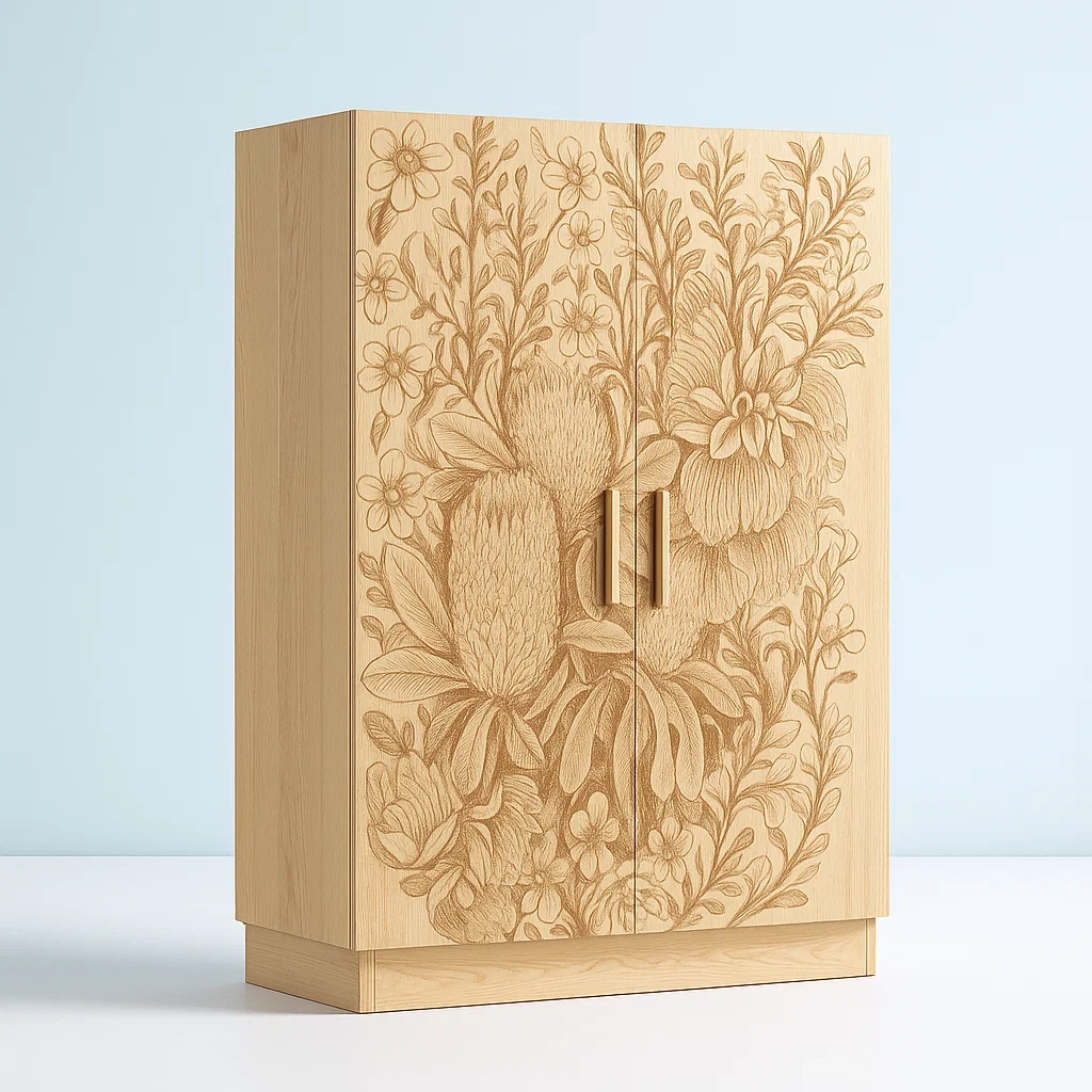 Armoires en bois avec gravure florale et deux portes-LUXEGLOWZZ