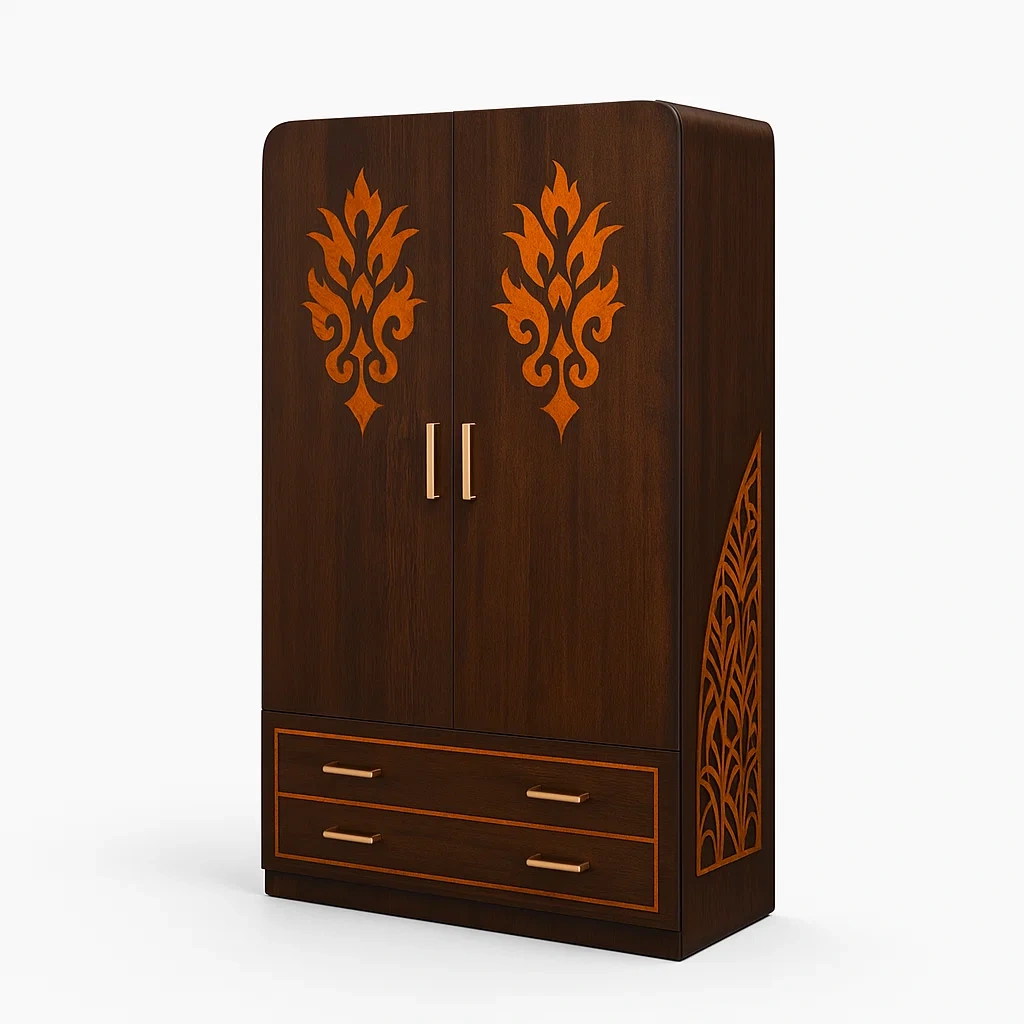 Armoires en bois avec motifs gravés, portes et tiroirs-LUXEGLOWZZ