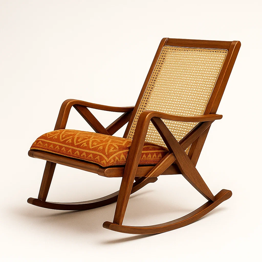 Fauteuils à bascule en bois et cannage avec coussin-LUXEGLOWZZ