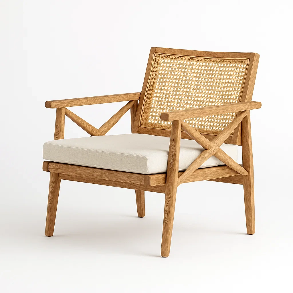 Fauteuils relax en bois avec dossier en rotin et coussin-LUXEGLOWZZ