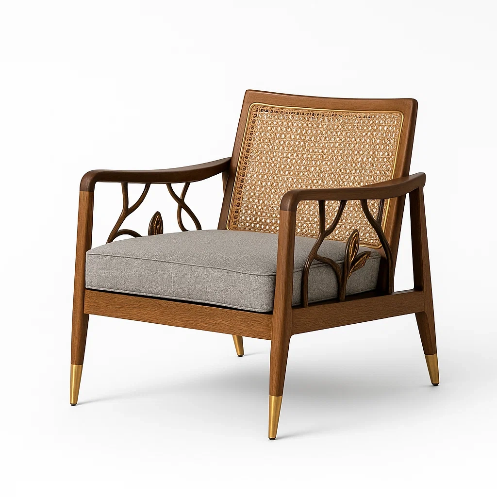 Fauteuils relax en bois avec dossier en rotin tissé et coussin-LUXEGLOWZZ